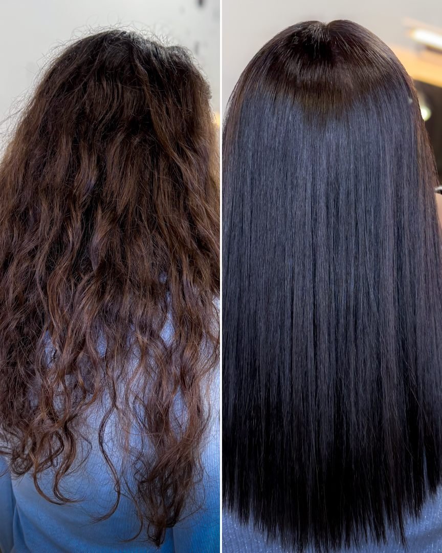 Antes y después de un alisado en cabello rizado