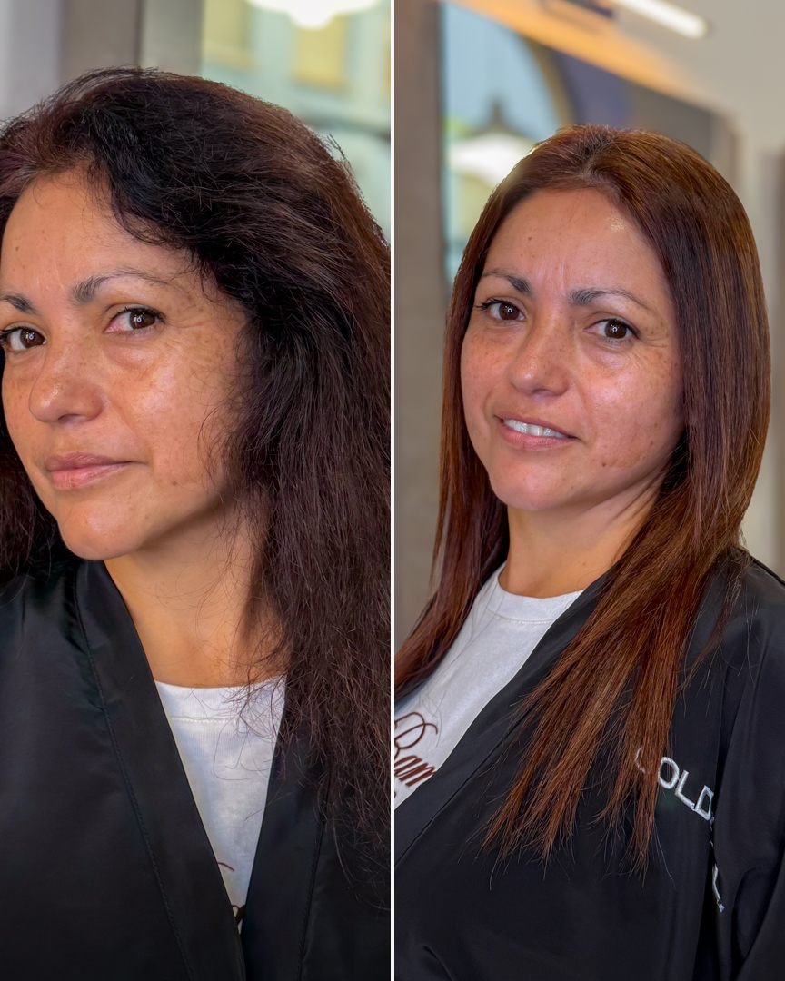 Antes y después de un alisado en melena caoba