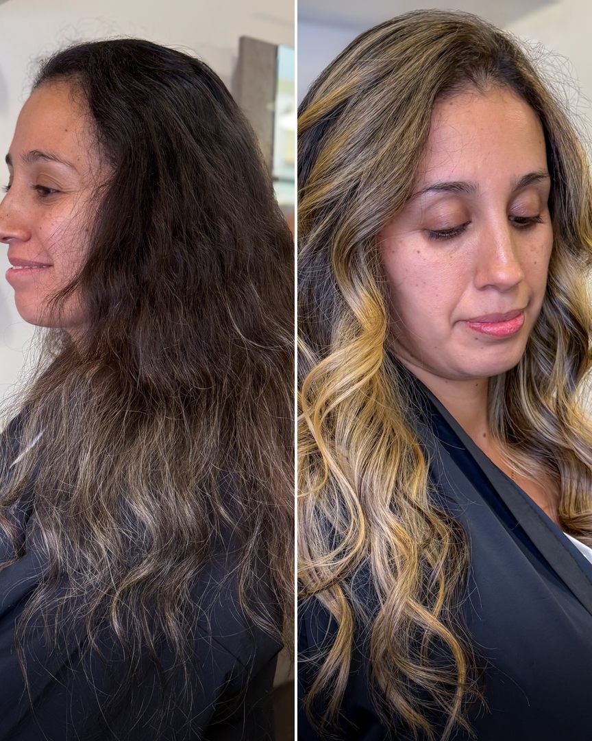 Antes y después de un balayage en melena morena
