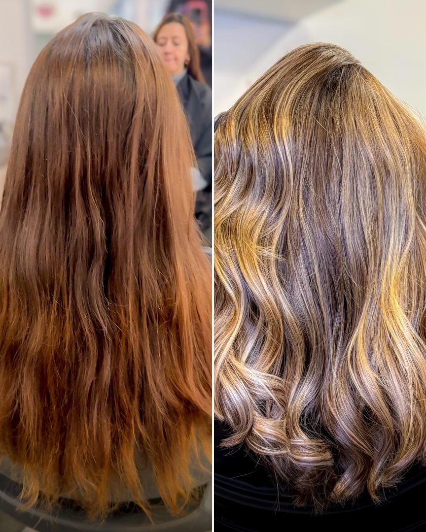 Antes y después de un balayage rubio con ondas