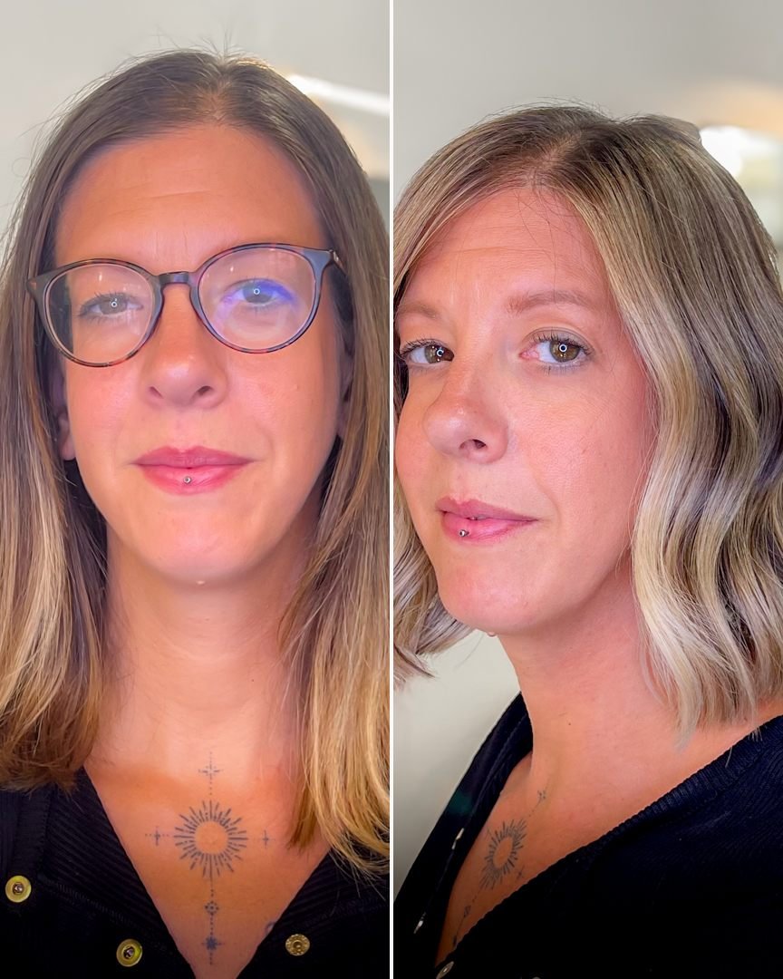 Antes y después de un cambio de look a bob con balayage