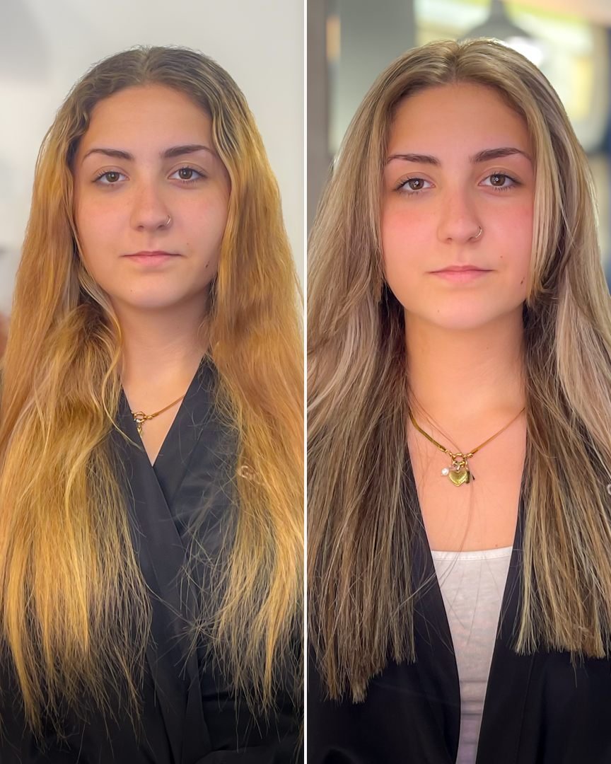 Antes y después de una corrección de color a rubio ceniza