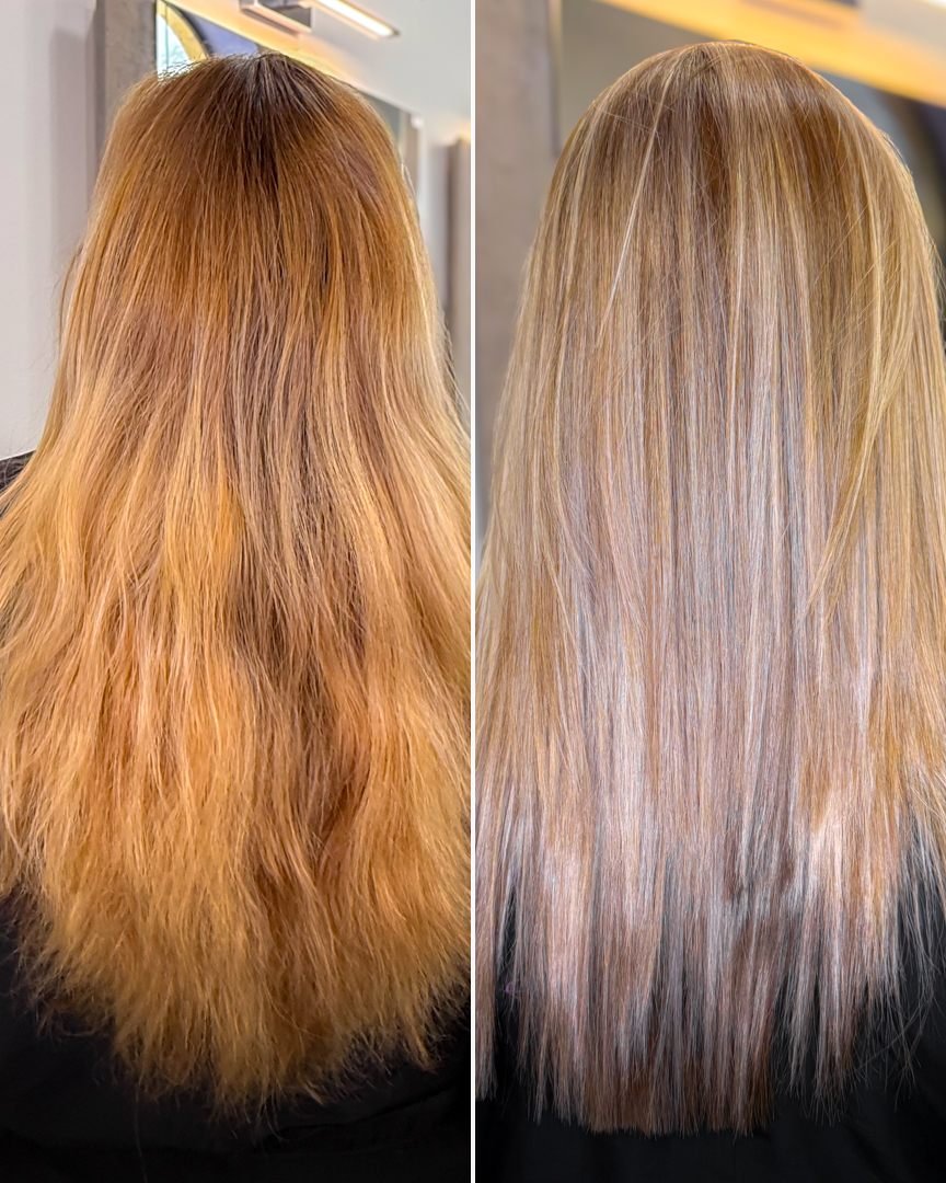 Antes y después de una corrección de color a rubio frío