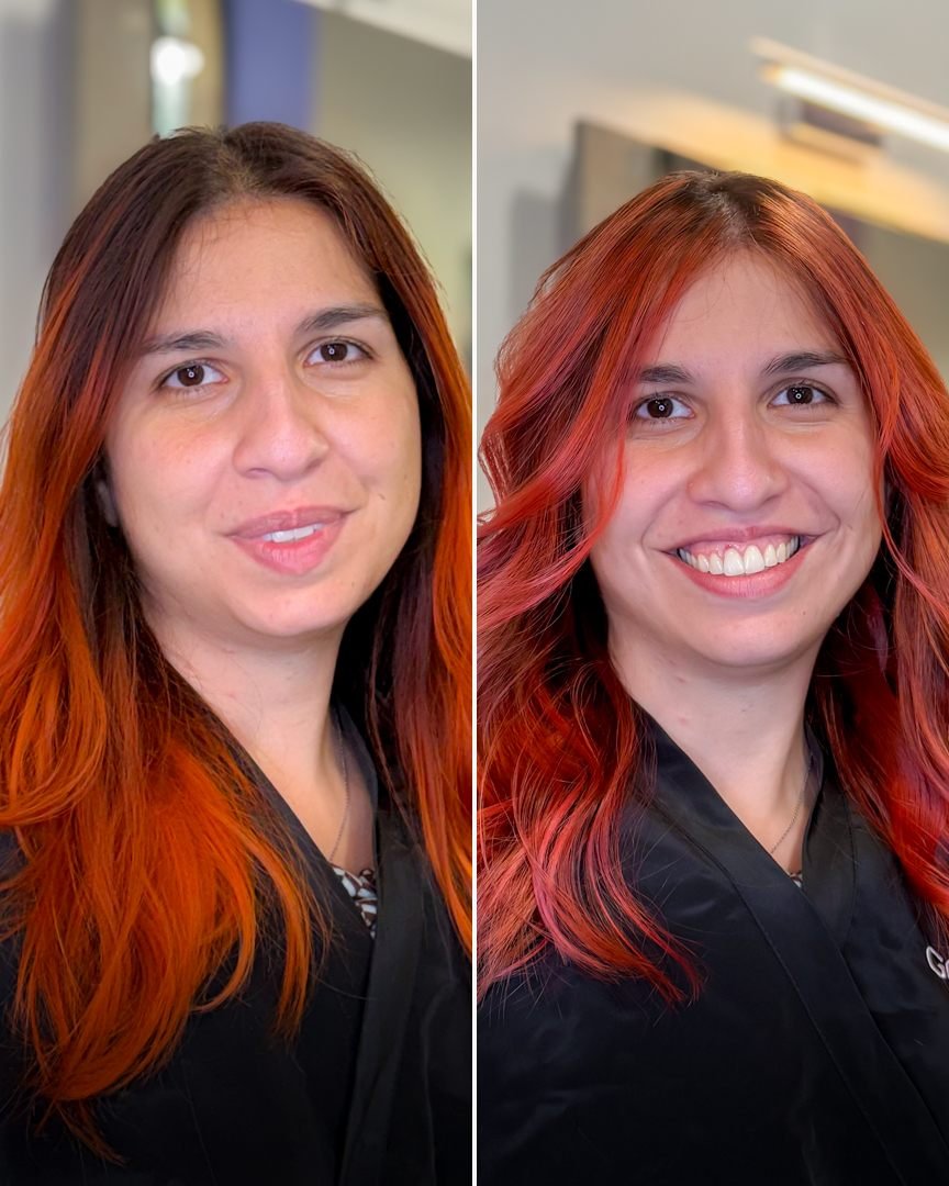 Antes y después de un color rojo intenso con ondas