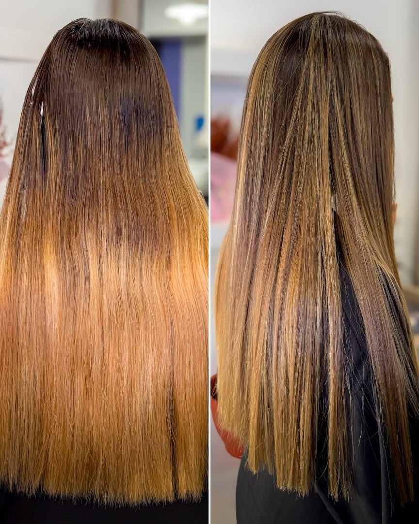 Antes y después de una corrección de ombré anaranjado a rubio suave