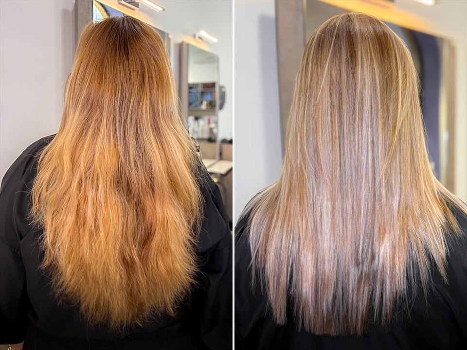 Antes y después de una corrección de color a rubio frío